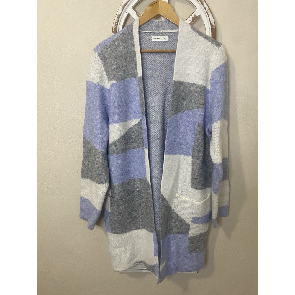 Nine West Size Large Colorblock Pockets Open Front Longline Cardigan Open Front
